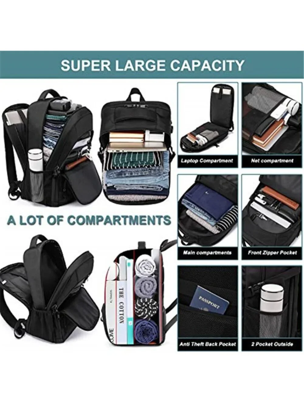 50L Travel Laptop Backpack Men 17 Inch USB Charging TSA Friendly Anti Theft Bag